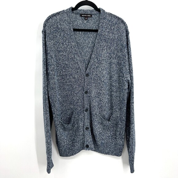 MICHAEL KORS Blue White Knit 100% Linen Button Up Cardigan Sweater Size XXL - Picture 1 of 6